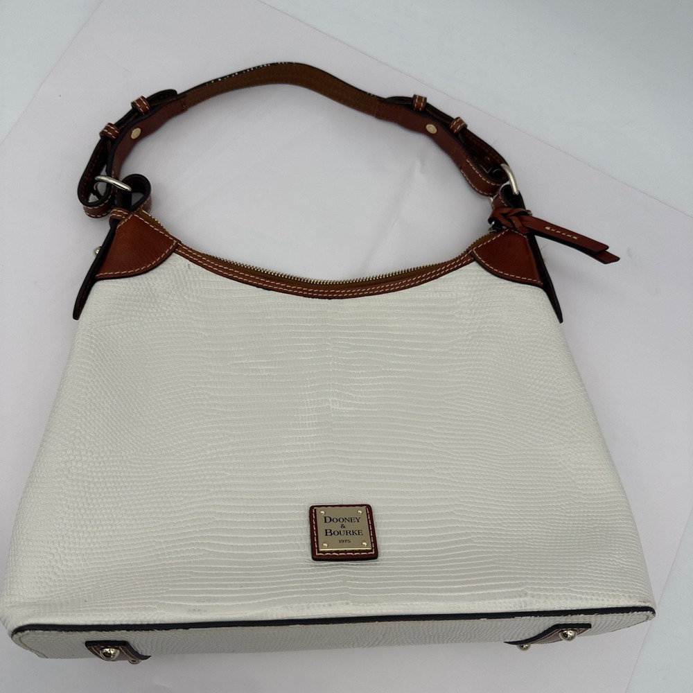 Dooney & Bourke Logo Plaque Shoulder Bag Bone Brown Gold Hardware Zip EUC